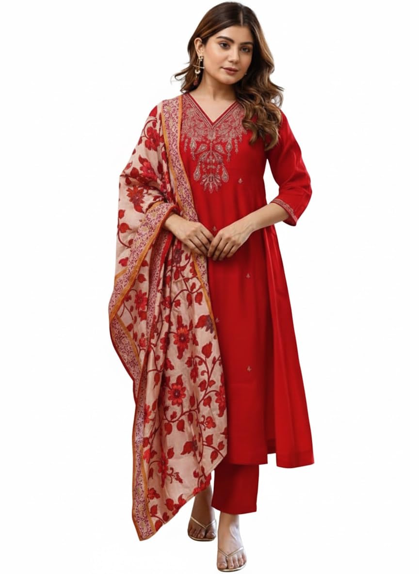 KLOSIA Women Embroidery Straight Kurta and Pant Set with Dupataa