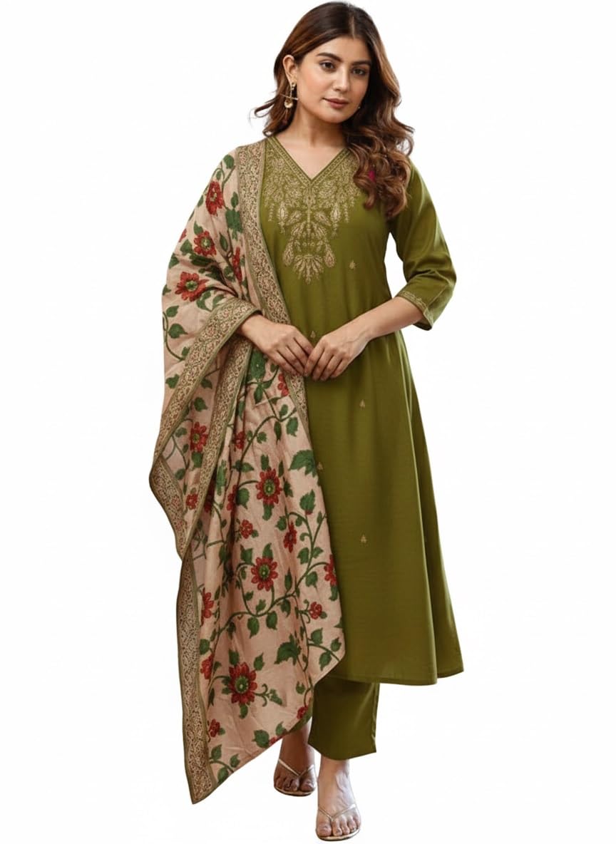 KLOSIA Women Embroidery Straight Kurta and Pant Set with Dupataa