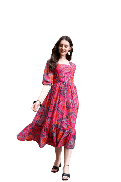 SMOWKLY Women's Georgette Floral Printed Indo-Western Ethnic Gown || Half Sleeve V Neck Fit & Flare Flared Hem Design || A-Line Maxi Dress Casual Wear