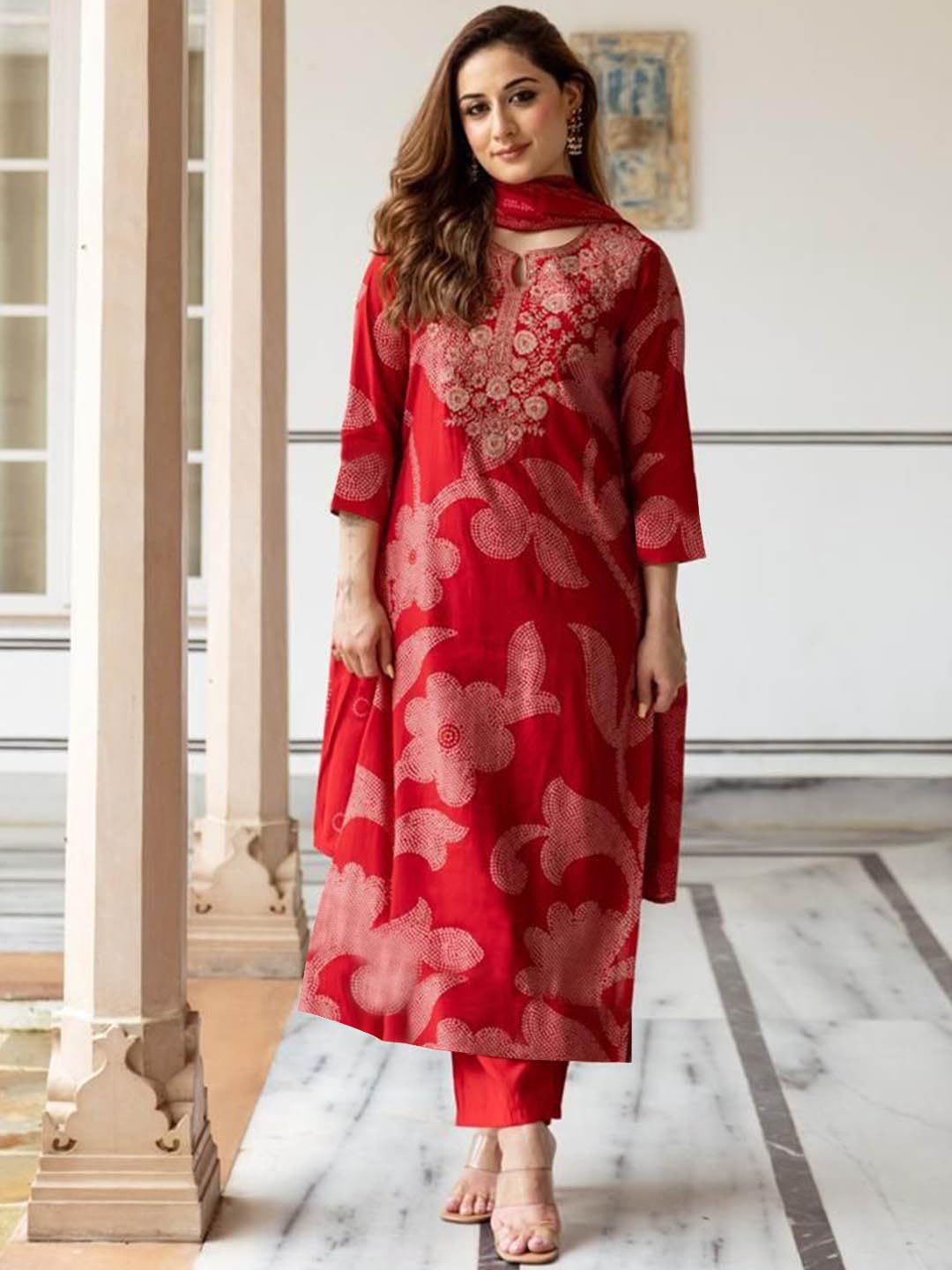 ANNI Designer Bandhani Embroidery Kurta Plazzo Set with Dupatta – Women Kurta Sets for Women | Kurti Set for Women | Suit Set for Women Cotton