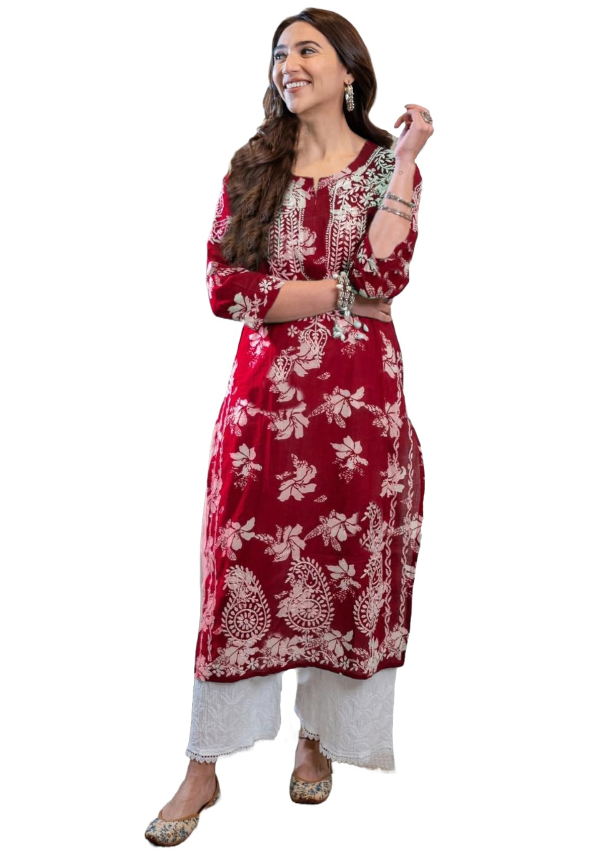 GoSriKi Women's Rayon Blend Chikankari Embroidered Straight Kurta