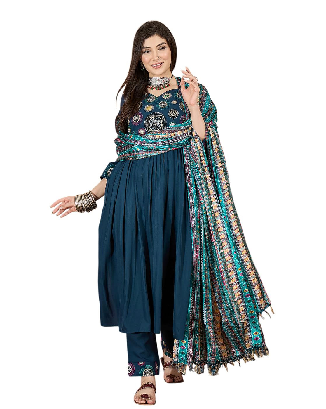 SheWill Women's Mustard American Crepe Zari Sequence Embroidered Alia Cut Kurta with Pant and Dupatta