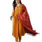 SheWill Women's Mustard American Crepe Zari Sequence Embroidered Alia Cut Kurta with Pant and Dupatta