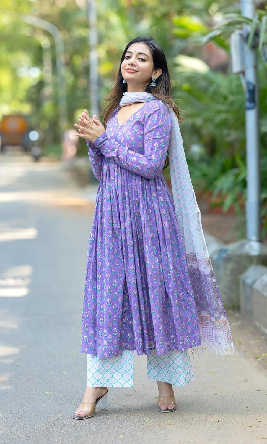 Nermosa Women Printed Anarkali Kurta and Pant Set with Dupatta