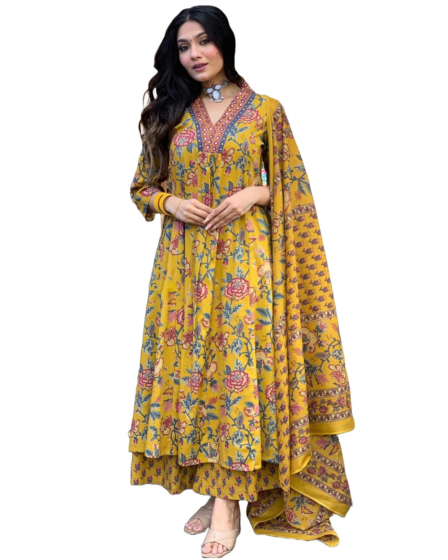 GoSriKi Women's Rayon Viscose Anarkali Printed Kurta with Palazzo & Dupatta