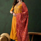 SheWill Women's Mustard American Crepe Zari Sequence Embroidered Alia Cut Kurta with Pant and Dupatta
