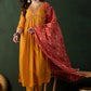 SheWill Women's Mustard American Crepe Zari Sequence Embroidered Alia Cut Kurta with Pant and Dupatta