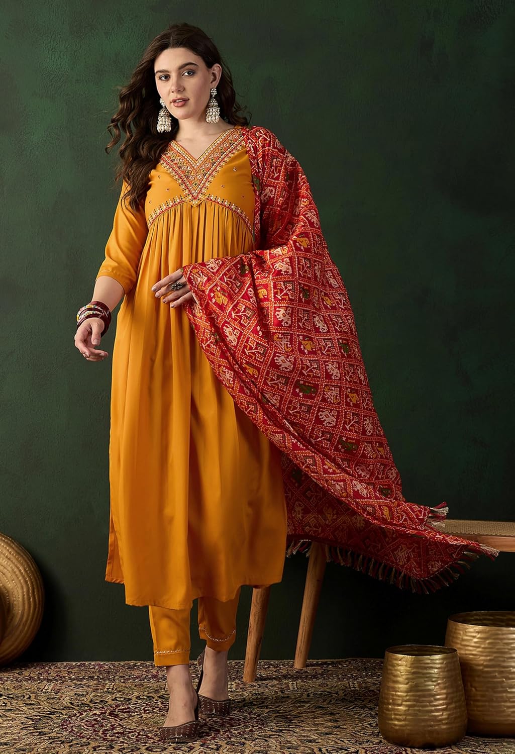 SheWill Women's Mustard American Crepe Zari Sequence Embroidered Alia Cut Kurta with Pant and Dupatta