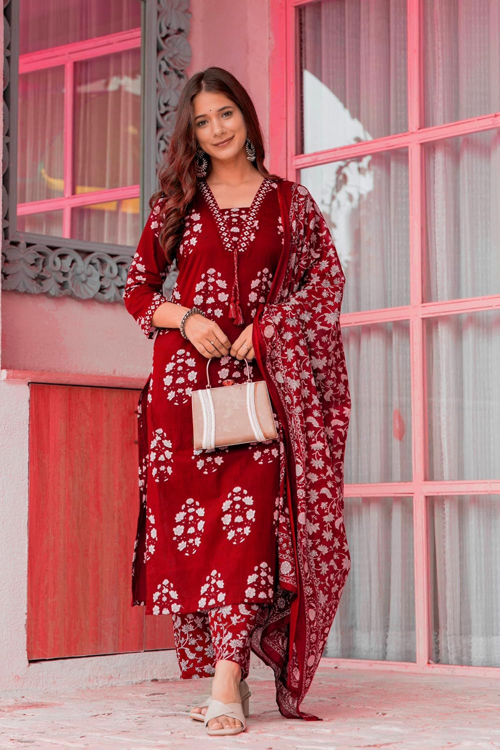 PARTHVI Women's Pure Cotton Printed Straight Kurta Set with Palazzo Pants & Dupatta- Ethnic Wear, Green