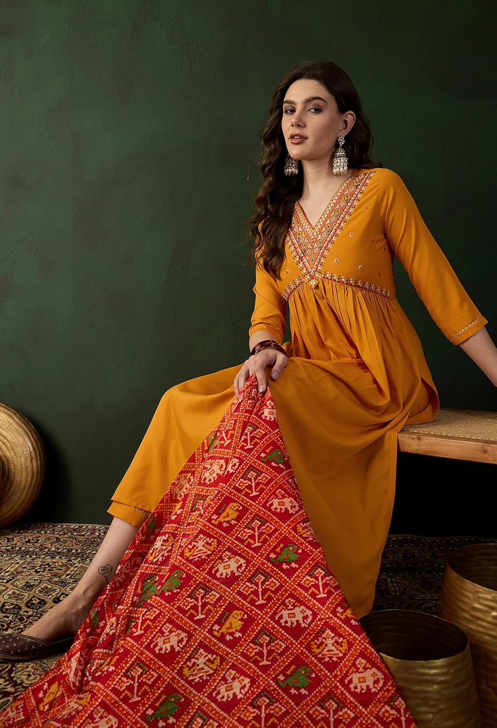 SheWill Women's Mustard American Crepe Zari Sequence Embroidered Alia Cut Kurta with Pant and Dupatta