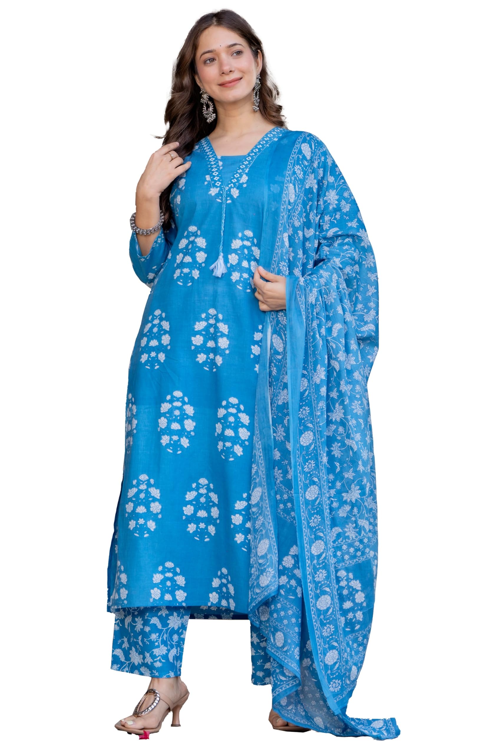 PARTHVI Women's Pure Cotton Printed Straight Kurta Set with Palazzo Pants & Dupatta- Ethnic Wear, Green