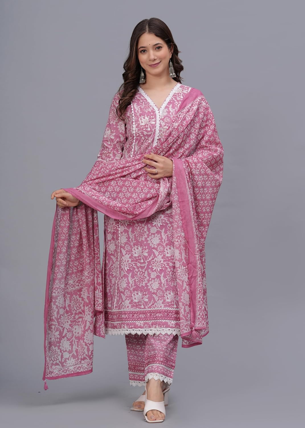 Amayra Women's Pure Cotton Printed Straight Kurta Set with Palazzo Pants & Dupatta- Ethnic Wear
