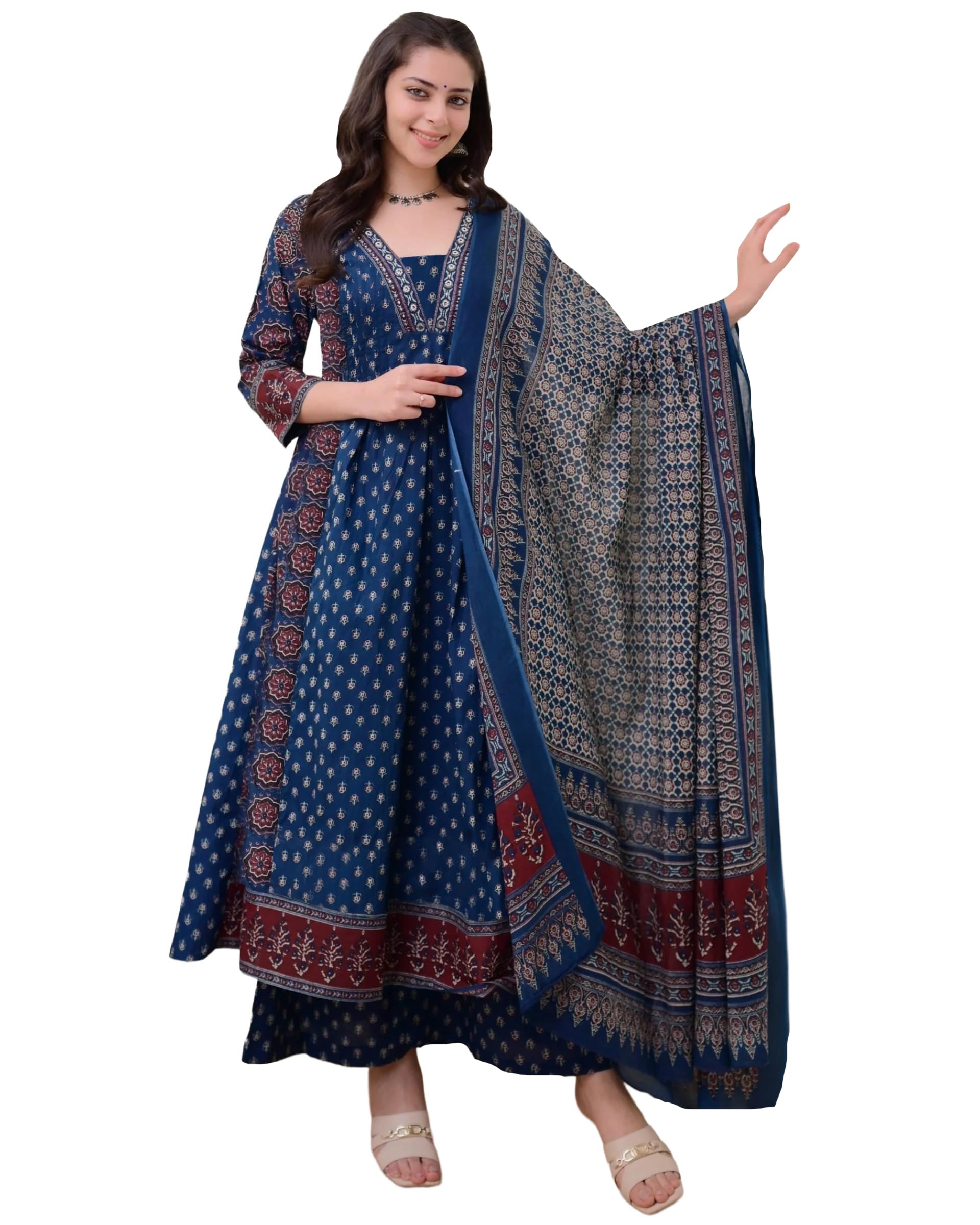 ANNI DESIGNER Women's Anarkali Kurta Set with Dupatta | Pure Cotton Suit Set for Women | Ajrakh Print Kurta Palazzo Dupatta Set | 3 Piece Ethnic Wear for Festival & Party