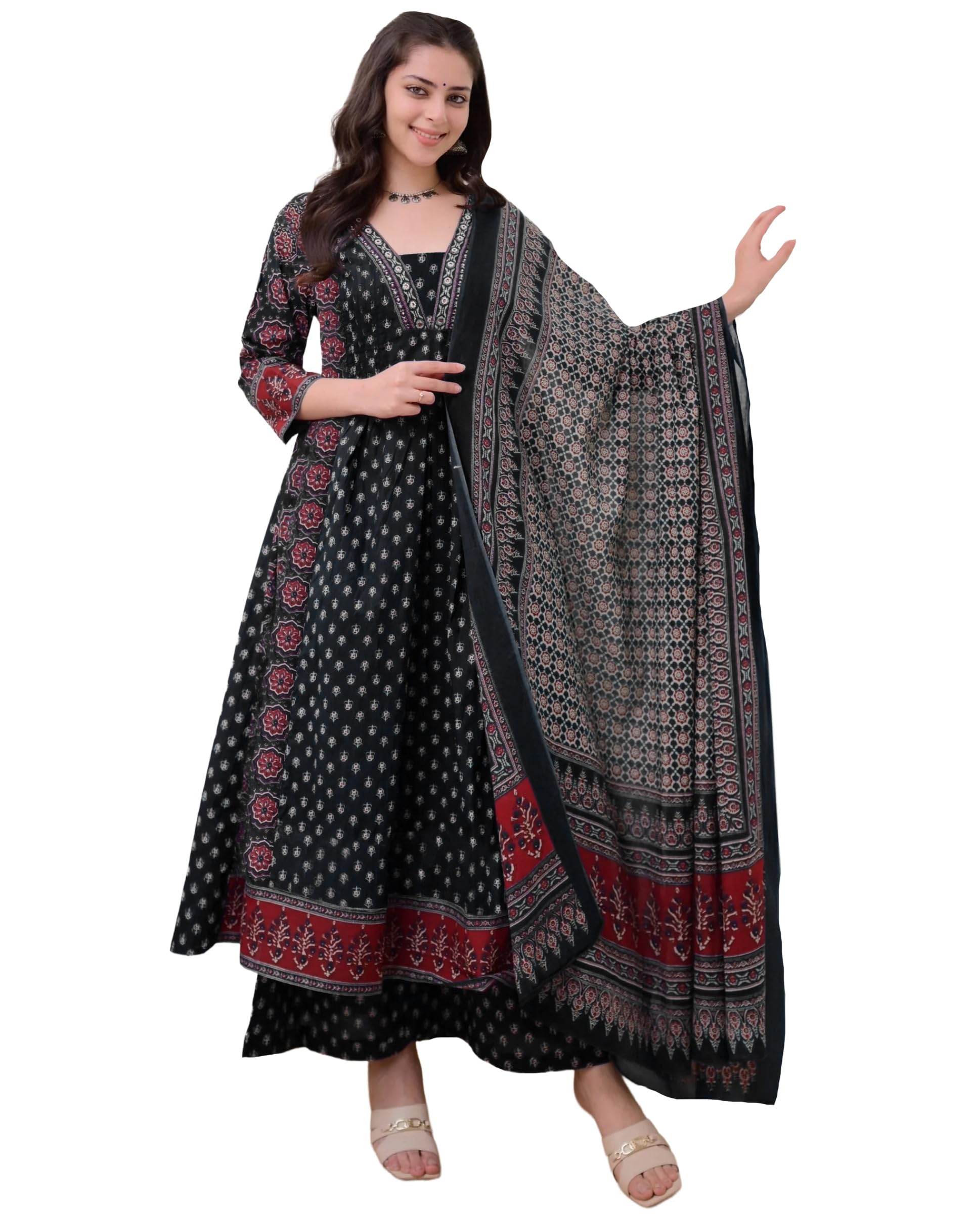 ANNI DESIGNER Women's Anarkali Kurta Set with Dupatta | Pure Cotton Suit Set for Women | Ajrakh Print Kurta Palazzo Dupatta Set | 3 Piece Ethnic Wear for Festival & Party
