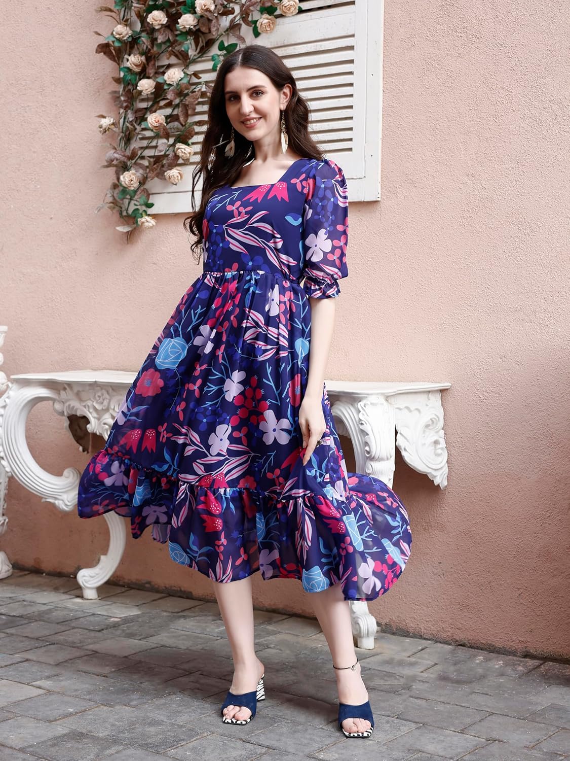 SMOWKLY Women's Georgette Floral Printed Indo-Western Ethnic Gown || Half Sleeve V Neck Fit & Flare Flared Hem Design || A-Line Maxi Dress Casual Wear