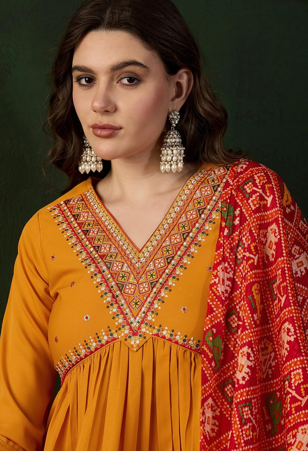 SheWill Women's Mustard American Crepe Zari Sequence Embroidered Alia Cut Kurta with Pant and Dupatta